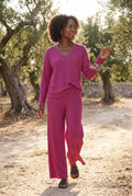 Pink Ribbed Wide-leg Two-piece Loungewear Set - Two-piece set - Photo 3