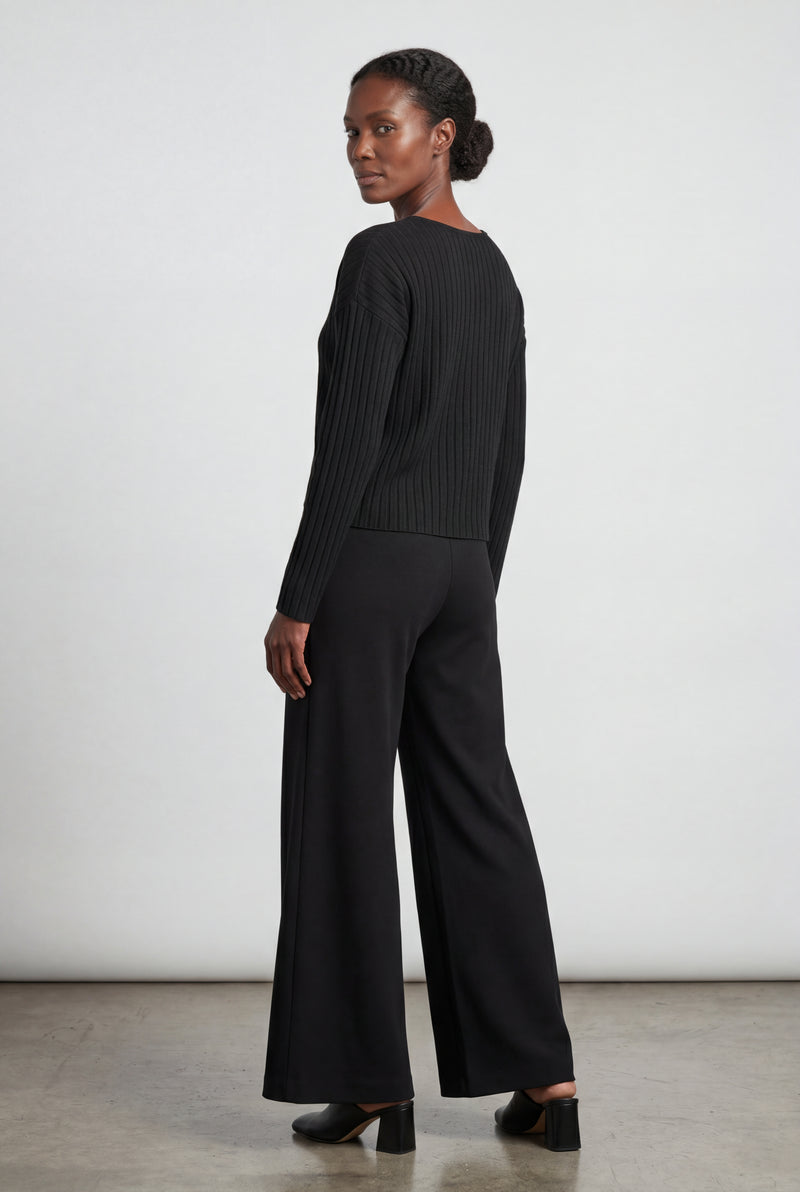 Black Ribbed Wide-leg Two-piece Loungewear Set - Two-piece set - Photo 4