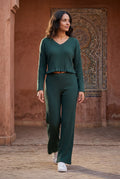 Dark Green Ribbed Wide-leg Two-piece Loungewear Set - Two-piece set - Photo 9