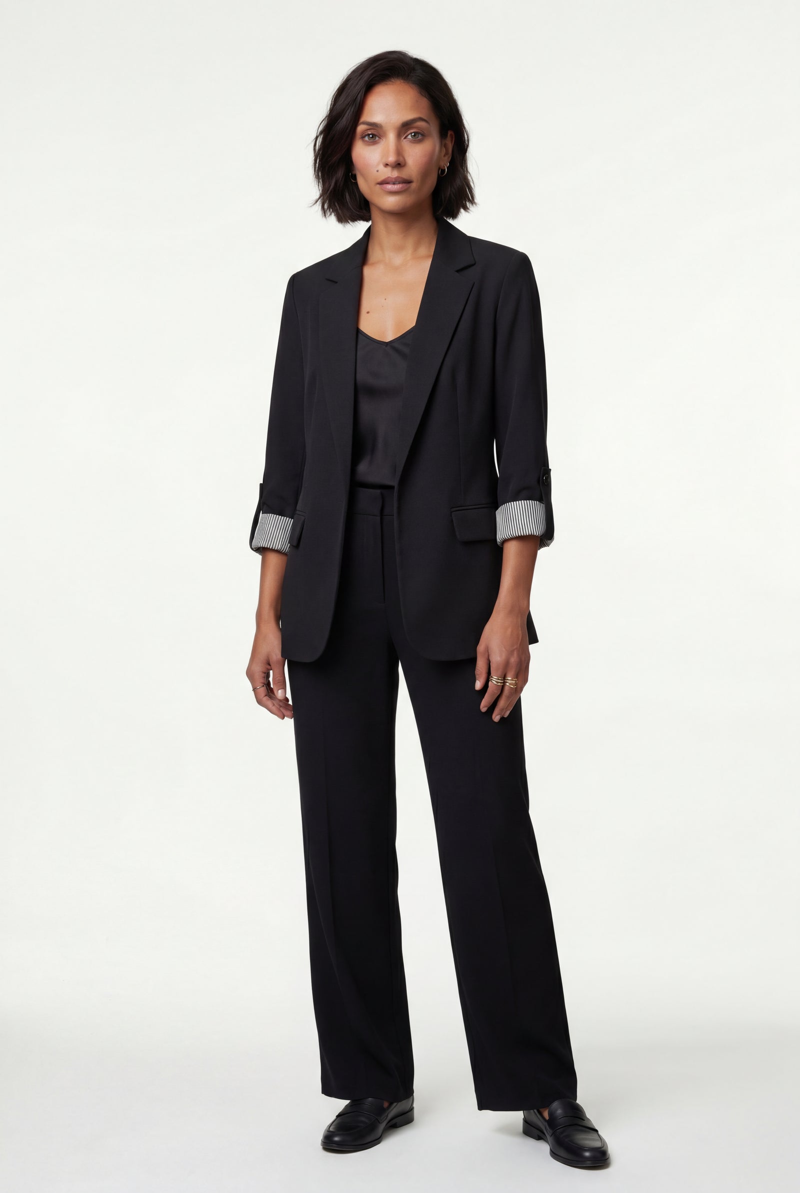 Black Roll-tab Sleeve Single-breasted Relaxed Blazer - Blazers - Photo 2