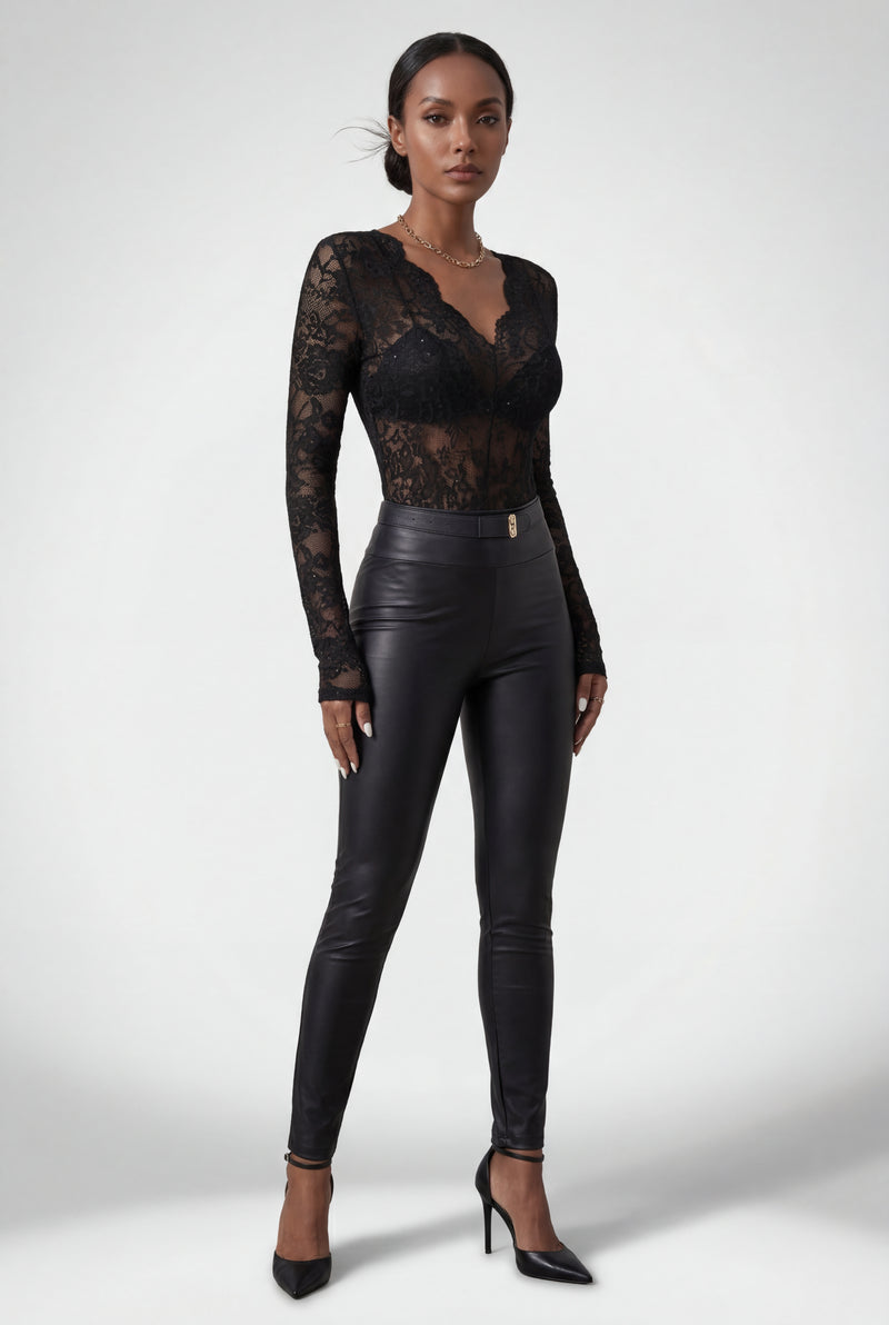 Black Scalloped Floral Lace Long Sleeve Bodysuit Top - Lace top - Photo 1