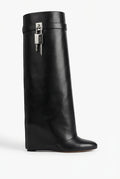 Black Sculptural High Shaft Wedge Boots with Padlock Detail - High Shaft Boots - Photo 1