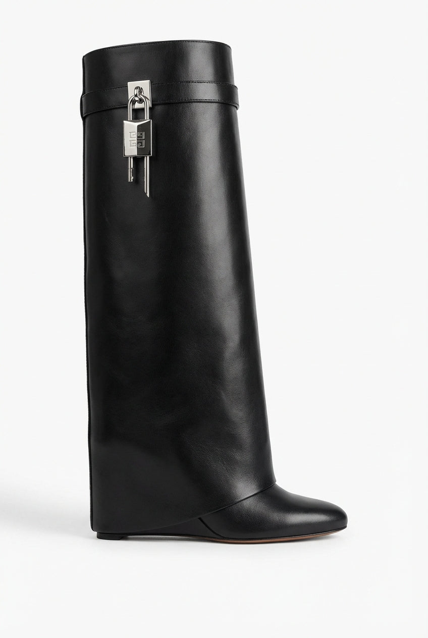 Black Sculptural High Shaft Wedge Boots with Padlock Detail - High Shaft Boots - Photo 1