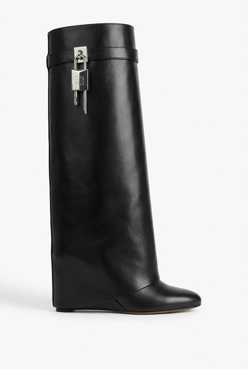 Black Sculptural High Shaft Wedge Boots with Padlock Detail - High Shaft Boots - Photo 1