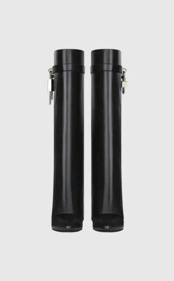 Sculptural High Shaft Wedge Boots with Padlock Detail - High Shaft Boots - Photo 7