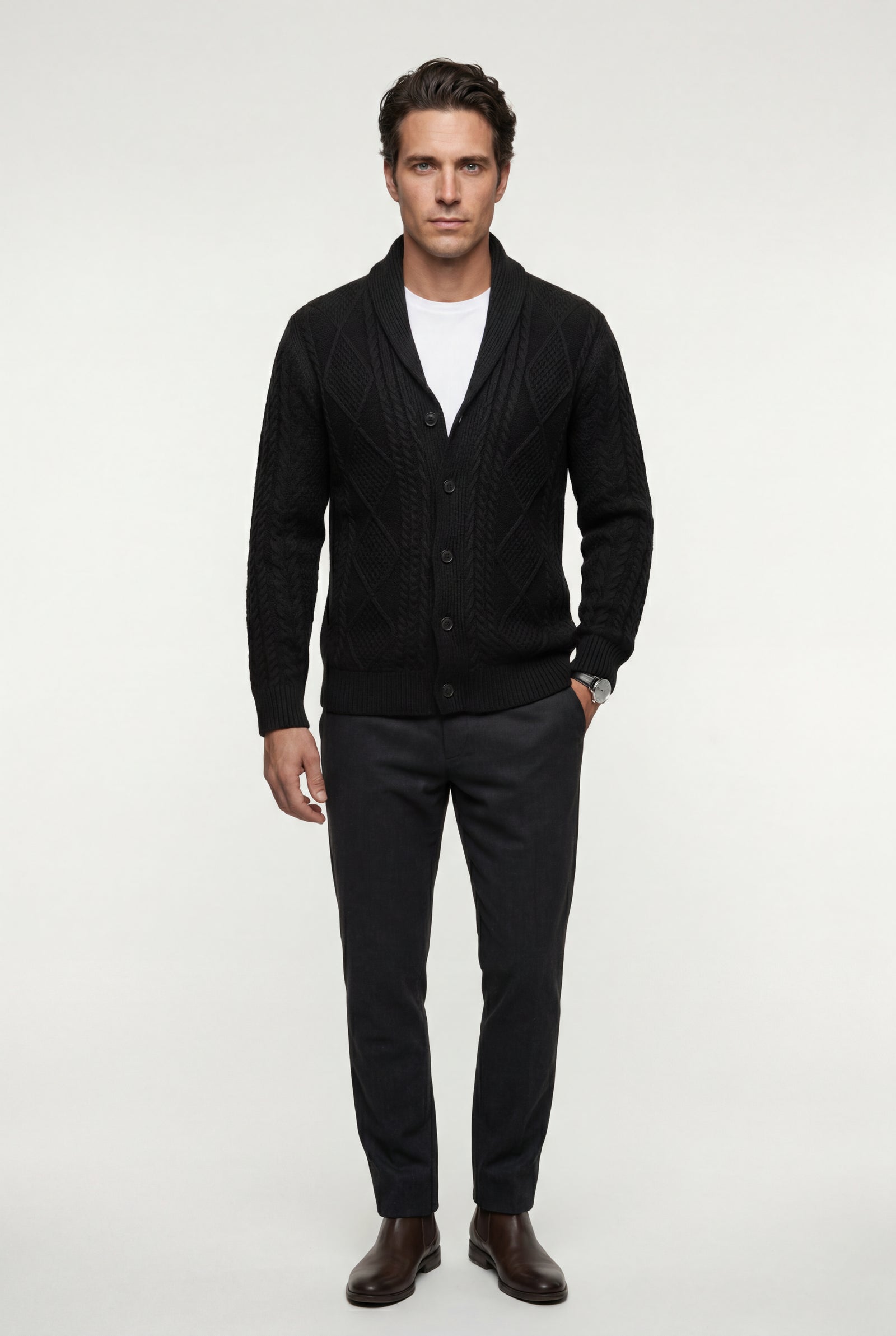 Black Shawl Collar Cable Button Cardigan - Knit cardigans - Photo 6