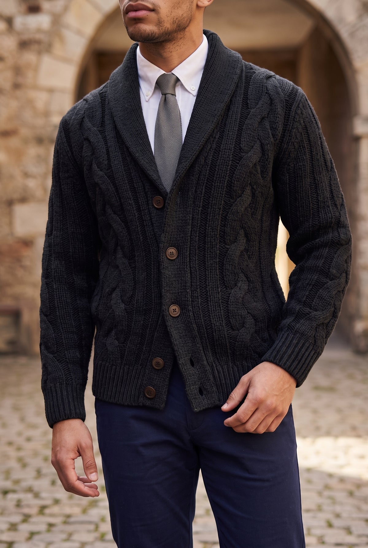 Shawl Collar Cable Knit Cardigan in Black — studio front
