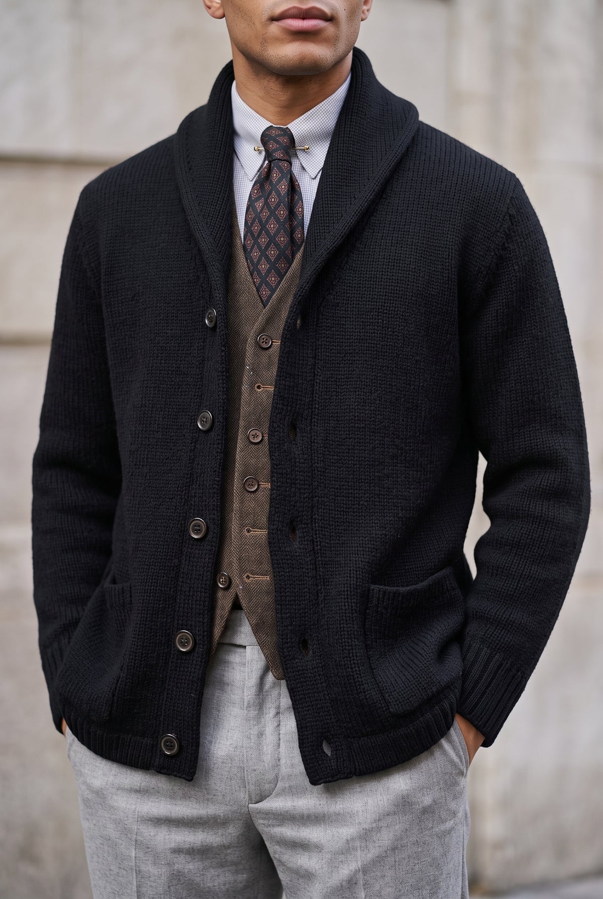 Shawl Collar Knit Cardigan in Black — studio front