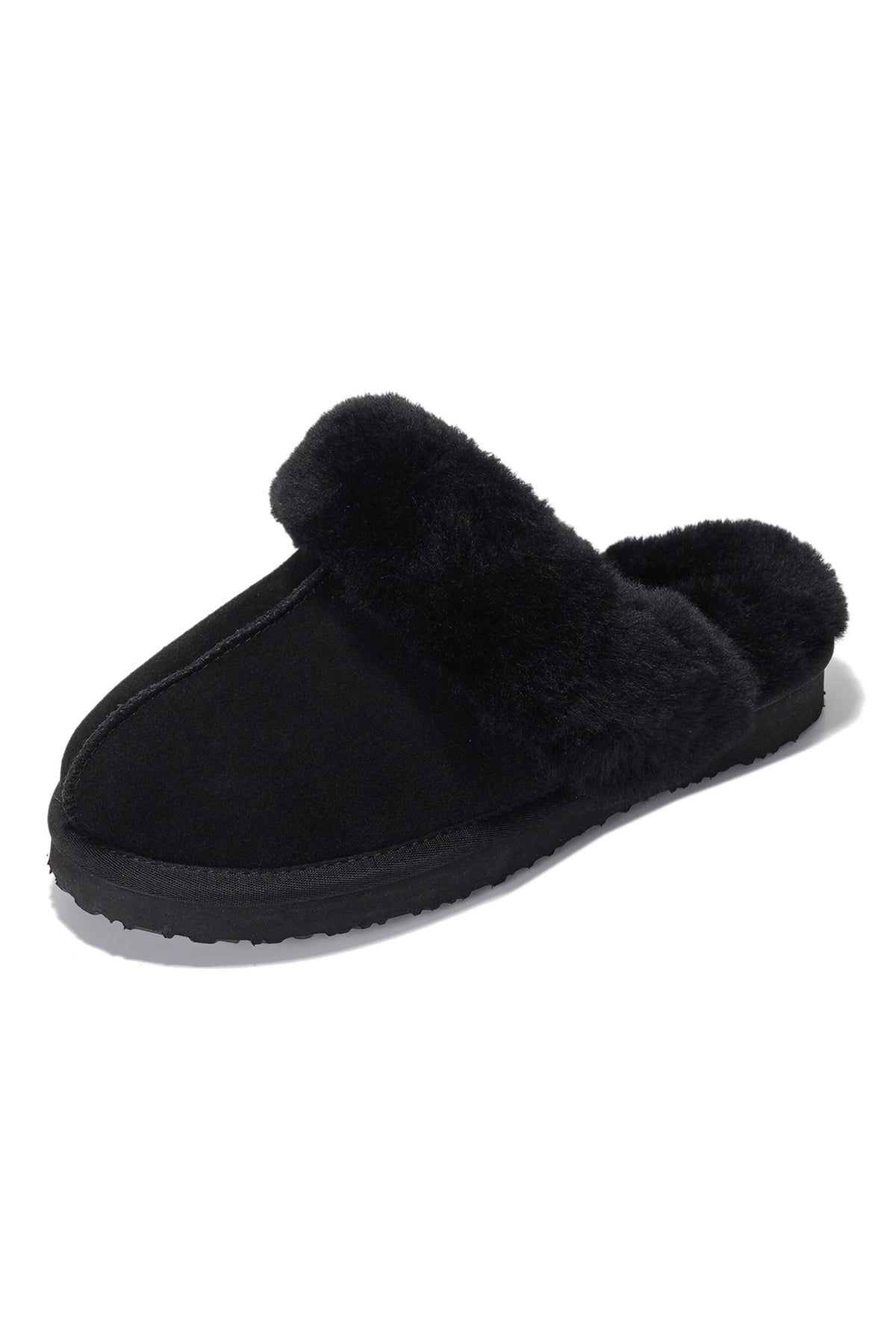 Shearling Open-Back Slippers in Black — front view