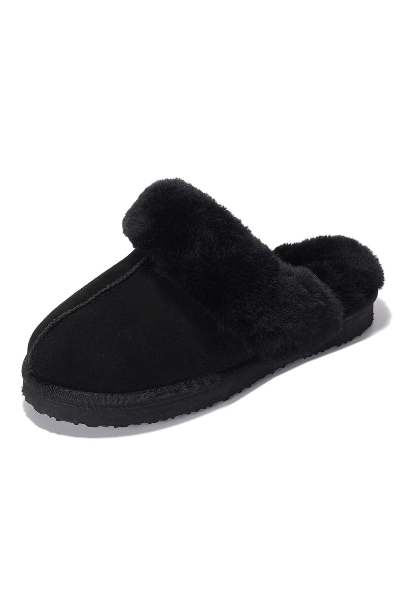 Shearling Open-Back Slippers in Black — front view