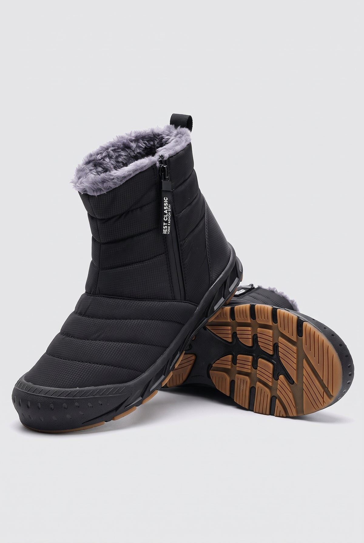 Side-Zip Insulated Snow Boots in Black — studio front