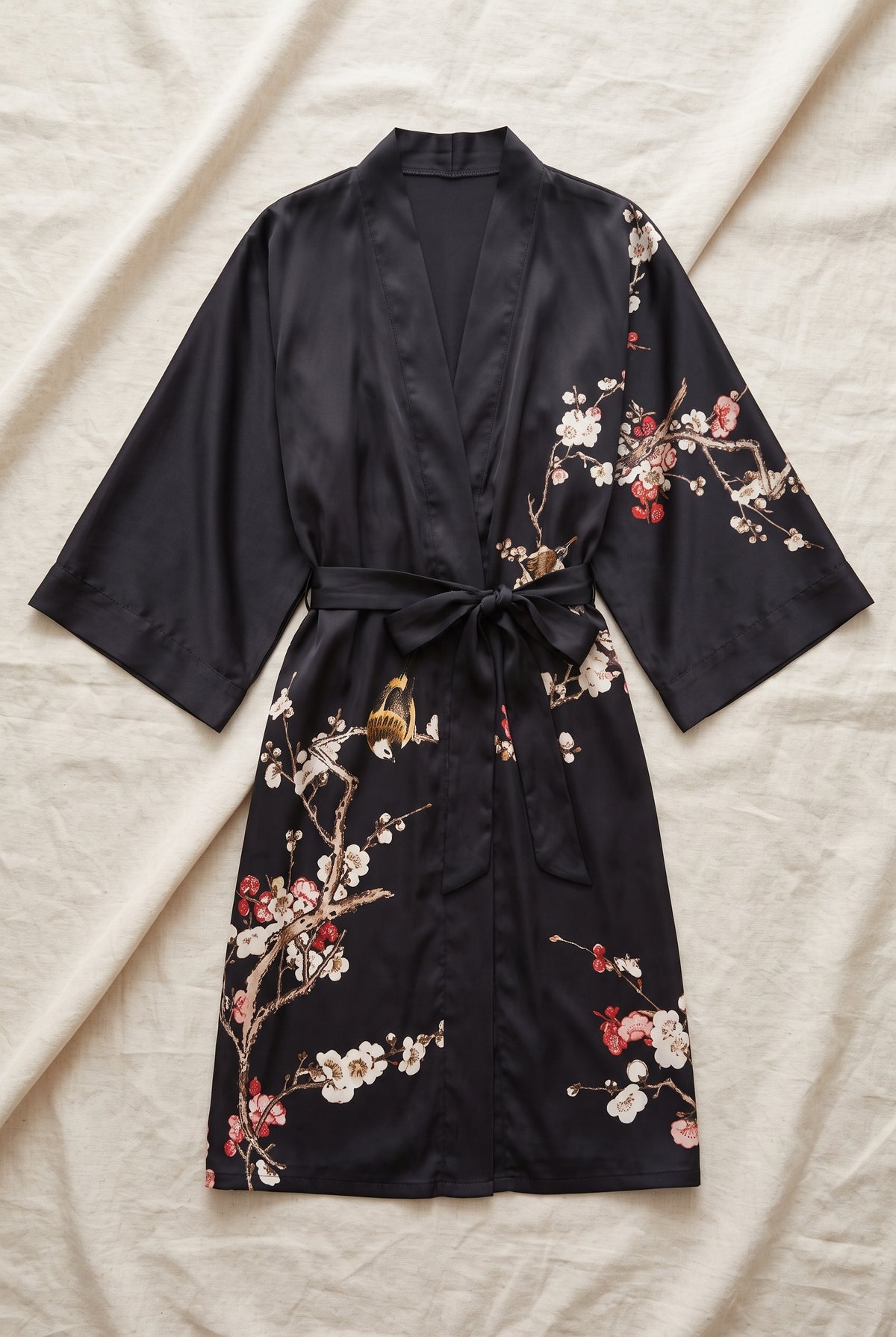 Silk Kimono Robe in Black — studio front