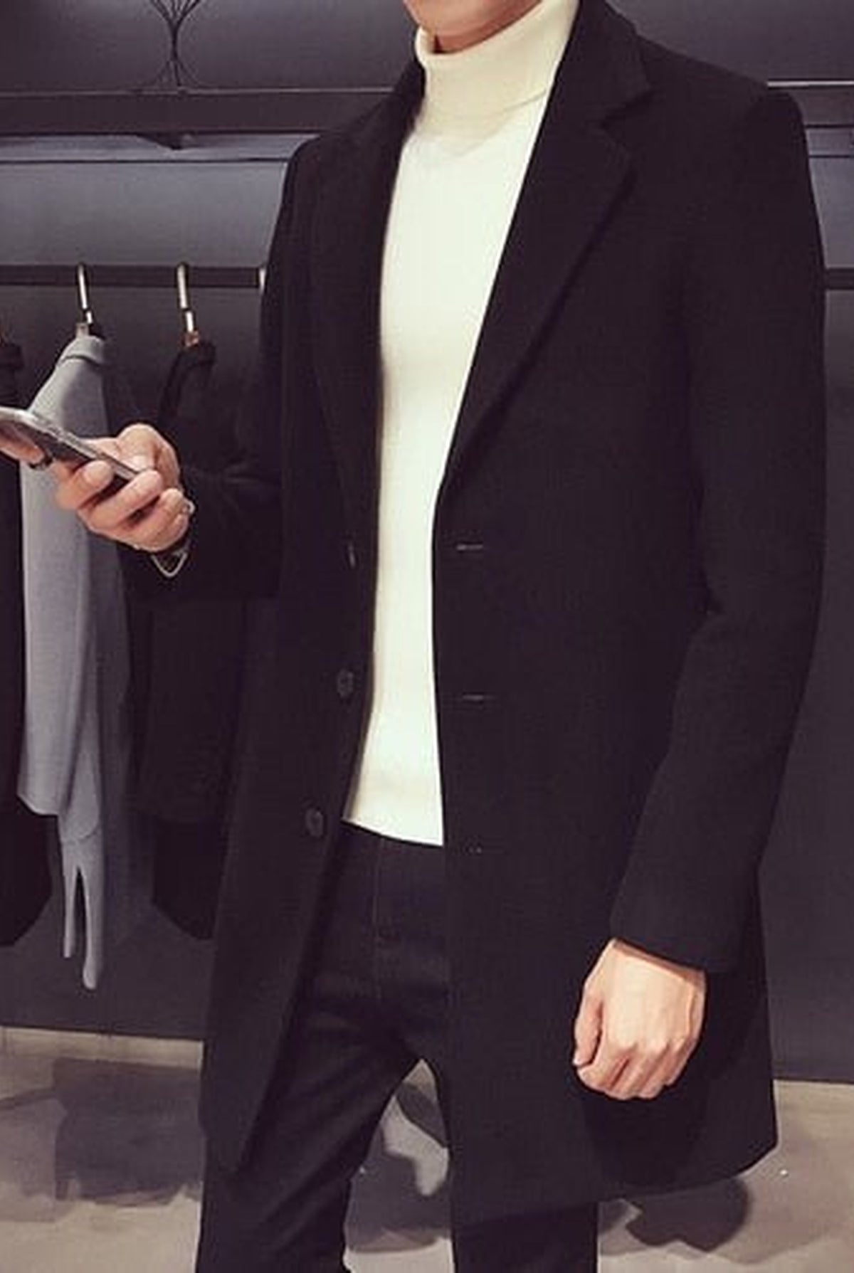 Single-Breasted Cotton Overcoat in Black — front view