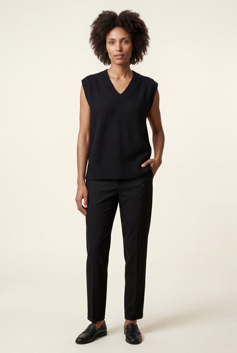 Black Sleeveless V-neck Knitted Sweater Vest with Ribbed Hem - V neck sweater - Photo 1