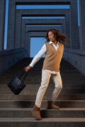 Khaki Sleeveless V-neck Knitted Sweater Vest with Ribbed Hem - V neck sweater - Photo 11