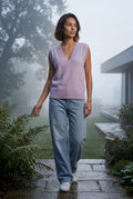 Purple Sleeveless V-neck Knitted Sweater Vest with Ribbed Hem - V neck sweater - Photo 10