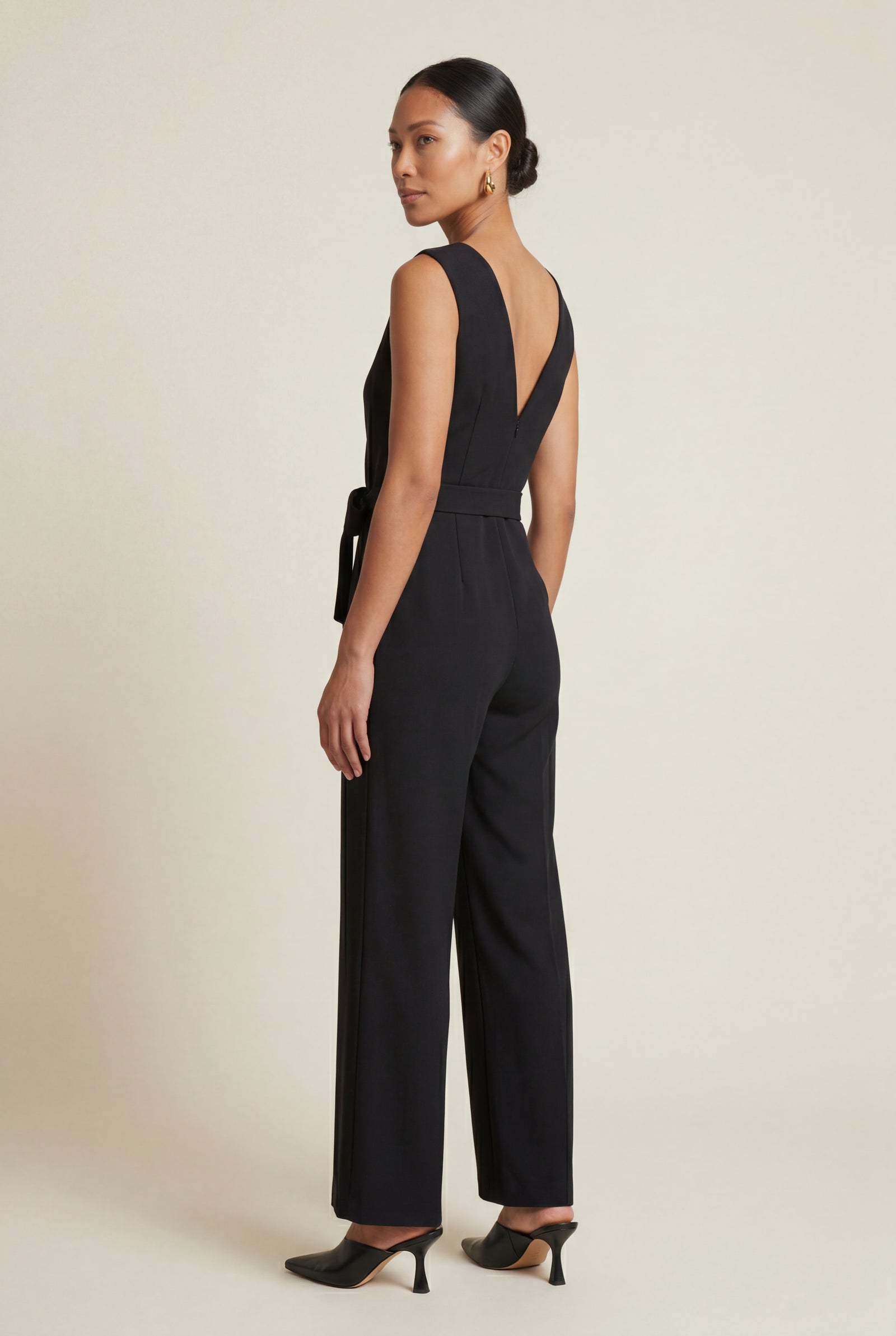 Black Sleeveless Wrap Wide-leg Jumpsuit with Self-tie Belt - Wrap jumpsuit - Photo 3