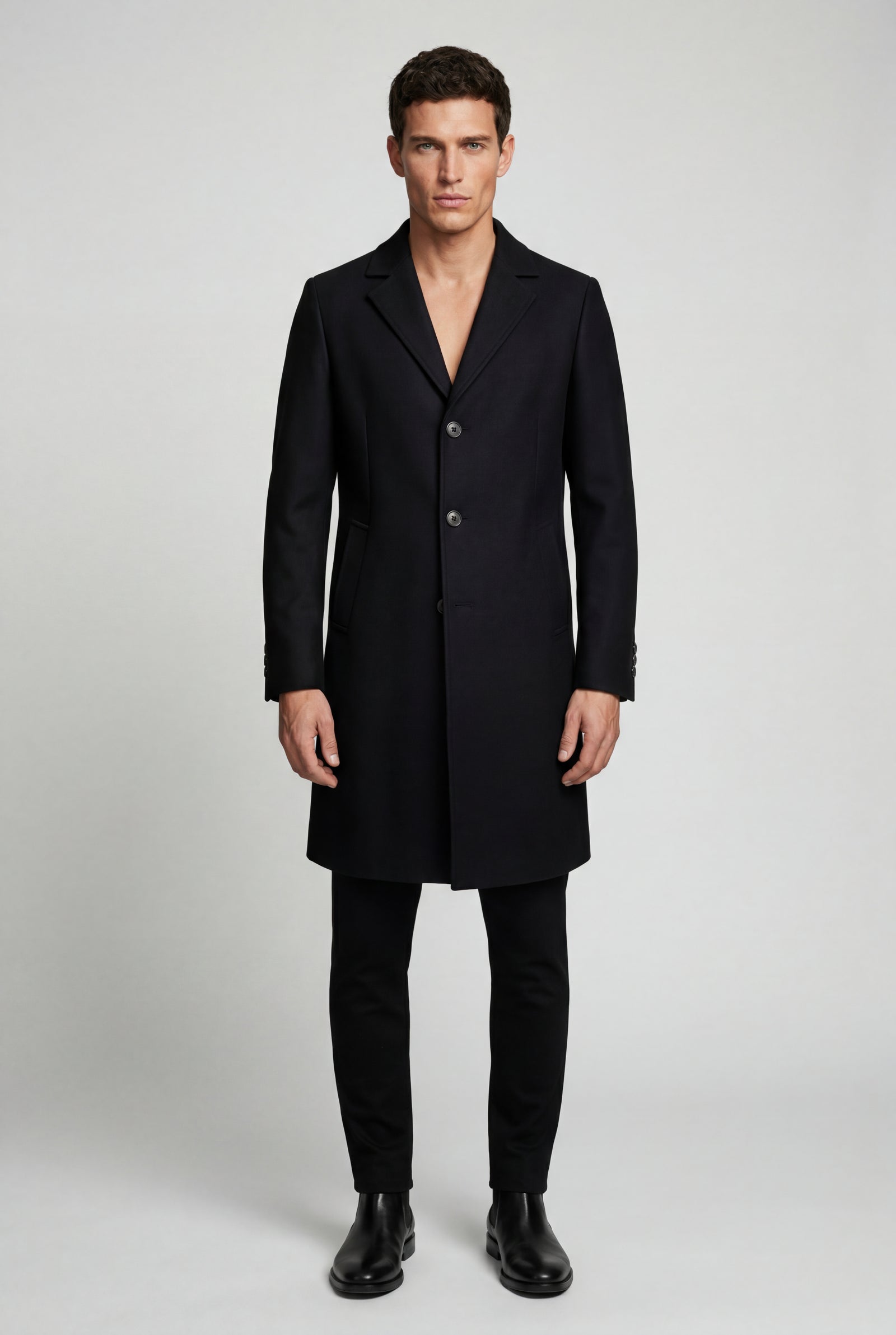 Black Slim Tailored Single-breasted Overcoat with Notched Lapel - Photo 2