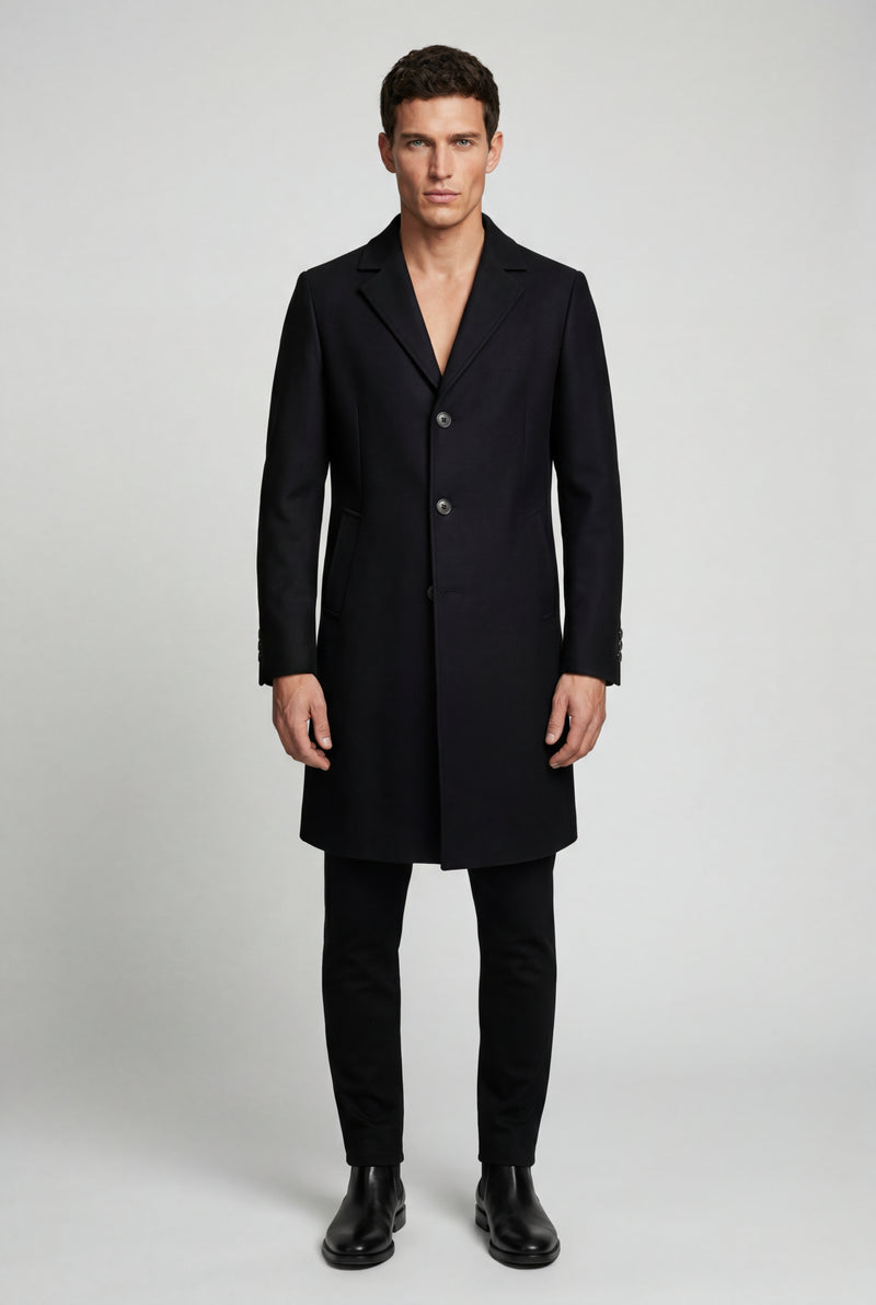 Black Slim Tailored Single-breasted Overcoat with Notched Lapel - Photo 2
