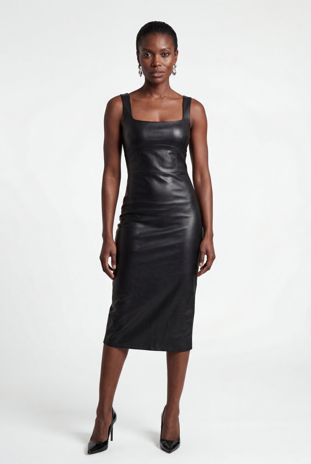 leather bodycon midi dress Faux Leather Halter Midi Dress, Bodycon Fit for Summer