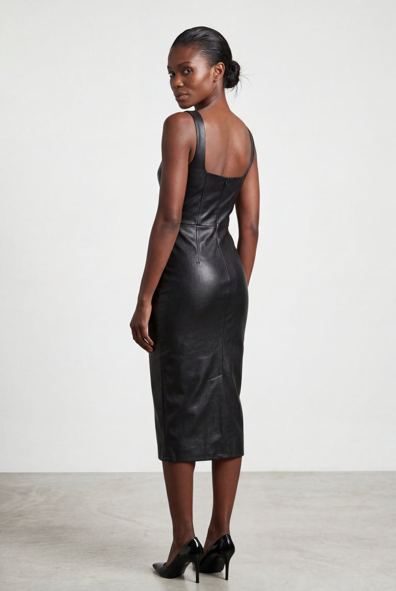 Black Square Neck Faux Bodycon Midi Dress - Photo 2