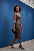 Brown Square Neck Faux Bodycon Midi Dress - Photo 6