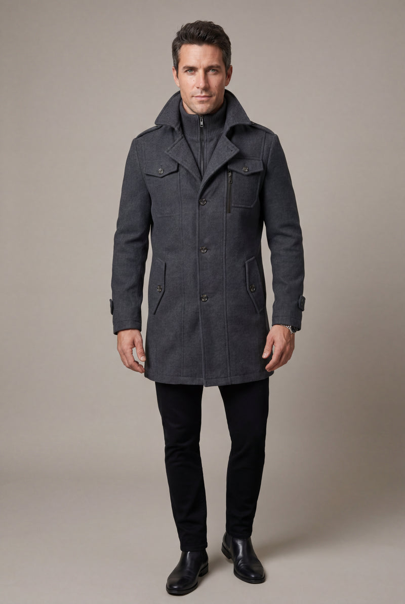 Black Stand Collar Slim Fit Winter Coat with Button Tab - Slim fit winter coats - Photo 1