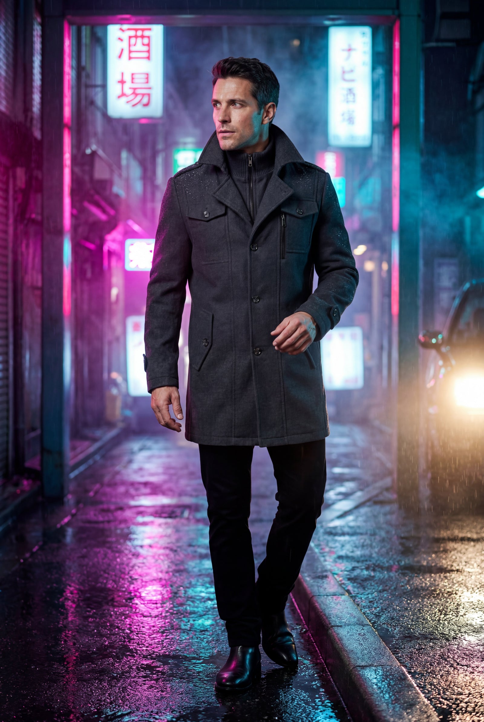 Black Stand Collar Slim Fit Winter Coat with Button Tab - Slim fit winter coats - Photo 10
