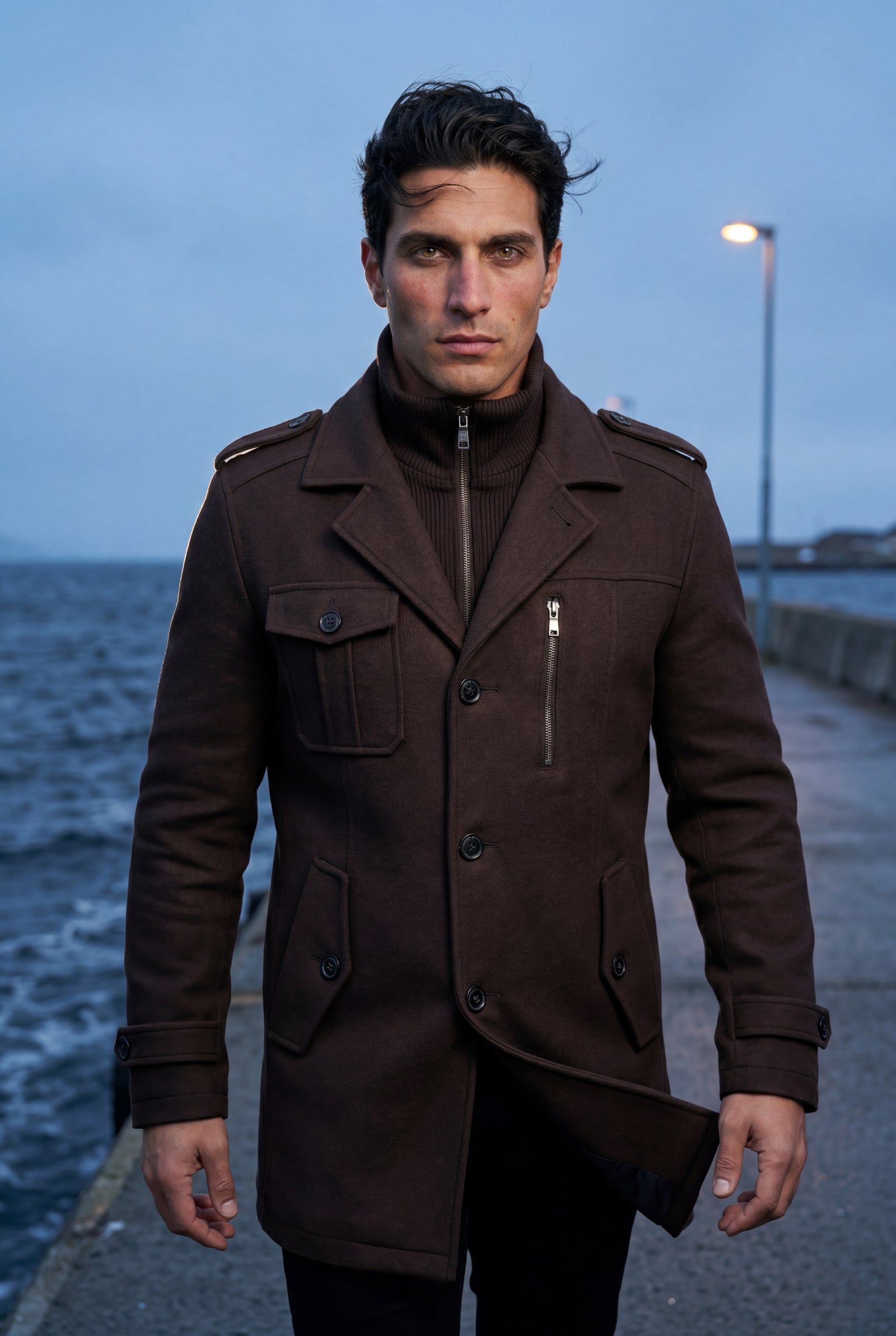Dark Brown Stand Collar Slim Fit Winter Coat with Button Tab - Slim fit winter coats - Photo 13