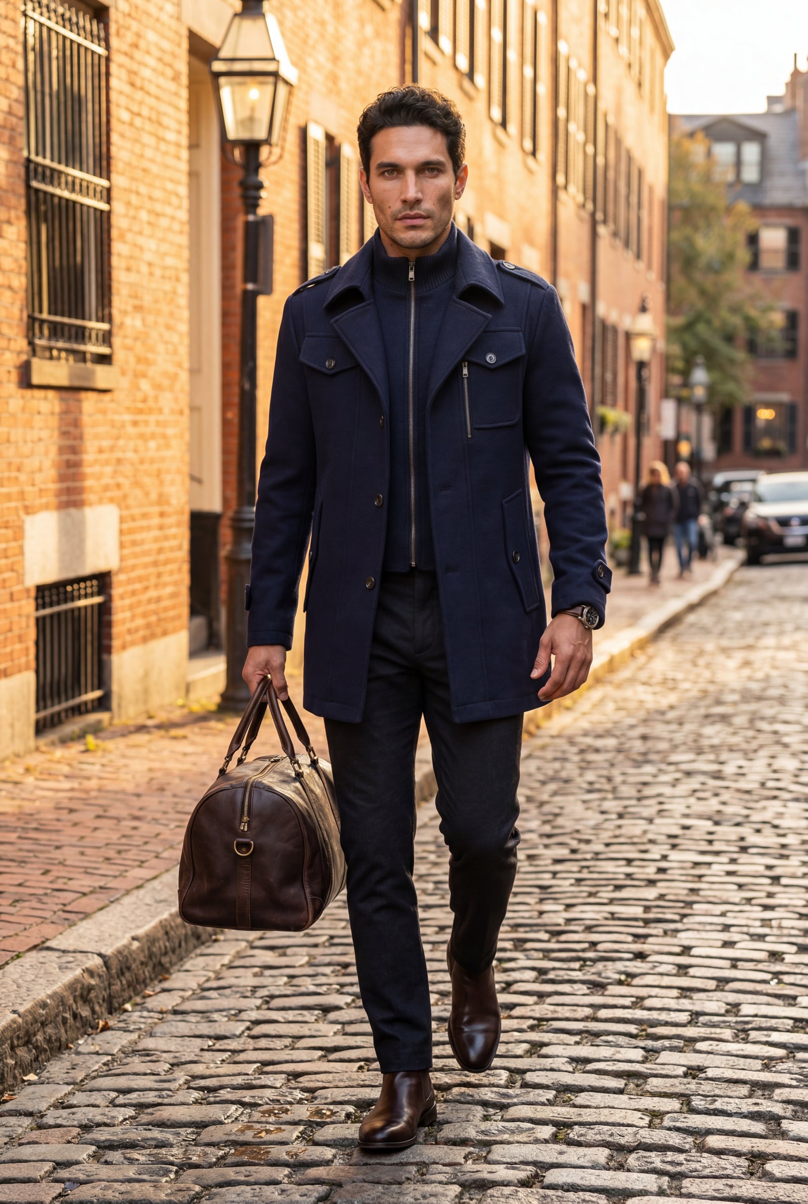 Navy Blue Stand Collar Slim Fit Winter Coat with Button Tab - Slim fit winter coats - Photo 17