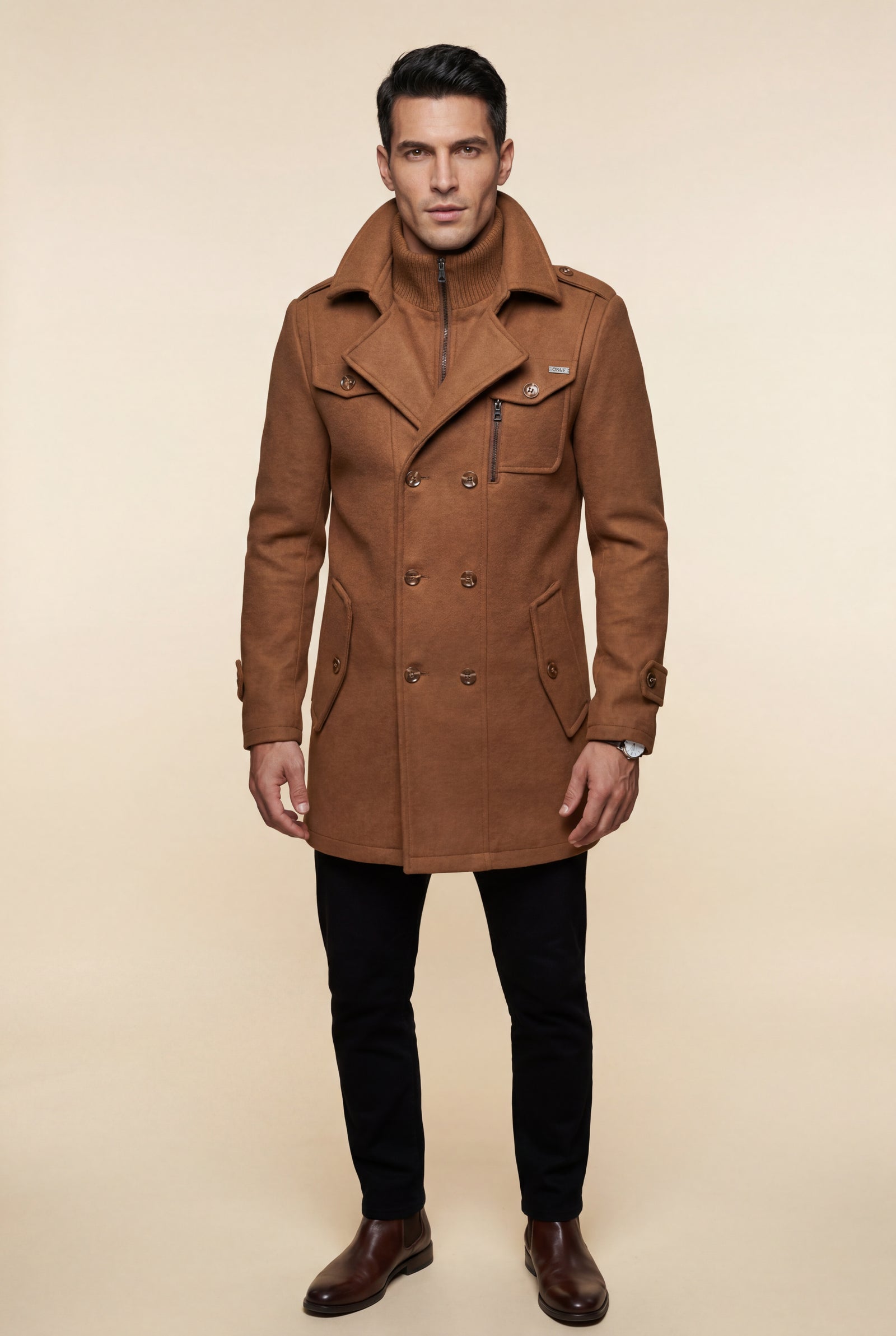 Caramel Stand Collar Slim Fit Winter Coat with Button Tab - Slim fit winter coats - Photo 2