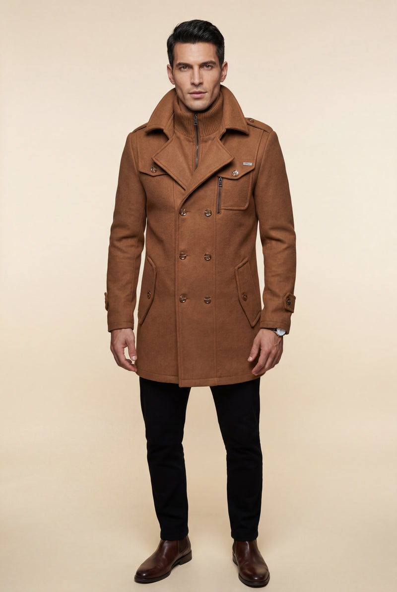 Caramel Stand Collar Slim Fit Winter Coat with Button Tab - Slim fit winter coats - Photo 2