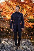 Navy Blue Stand Collar Slim Fit Winter Coat with Button Tab - Slim fit winter coats - Photo 21