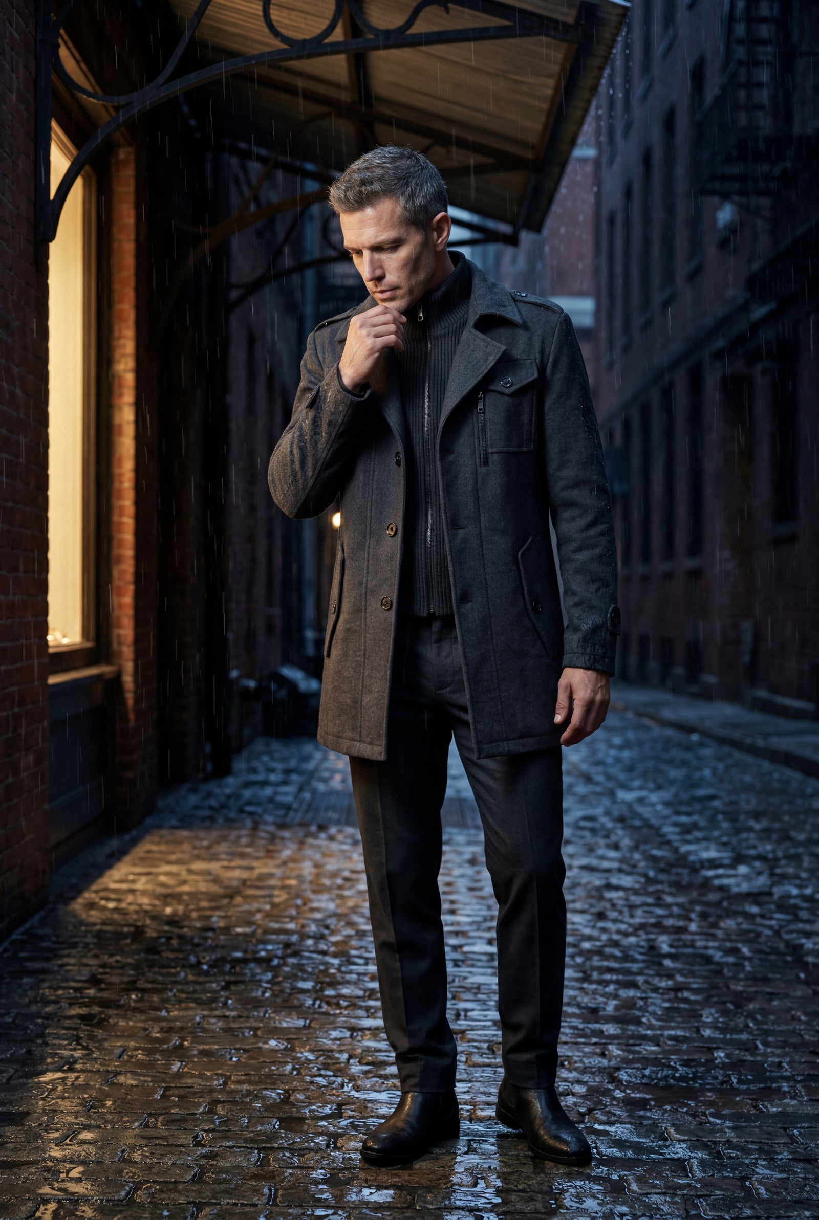 Dark Gray Stand Collar Slim Fit Winter Coat with Button Tab - Slim fit winter coats - Photo 22