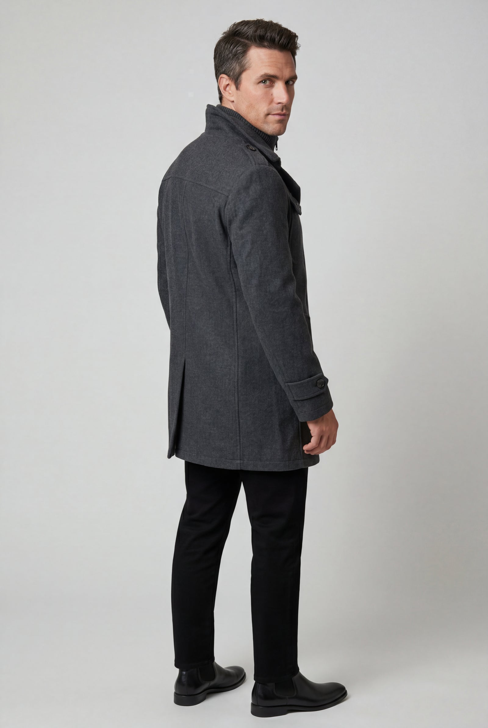 Black Stand Collar Slim Fit Winter Coat with Button Tab - Slim fit winter coats - Photo 3