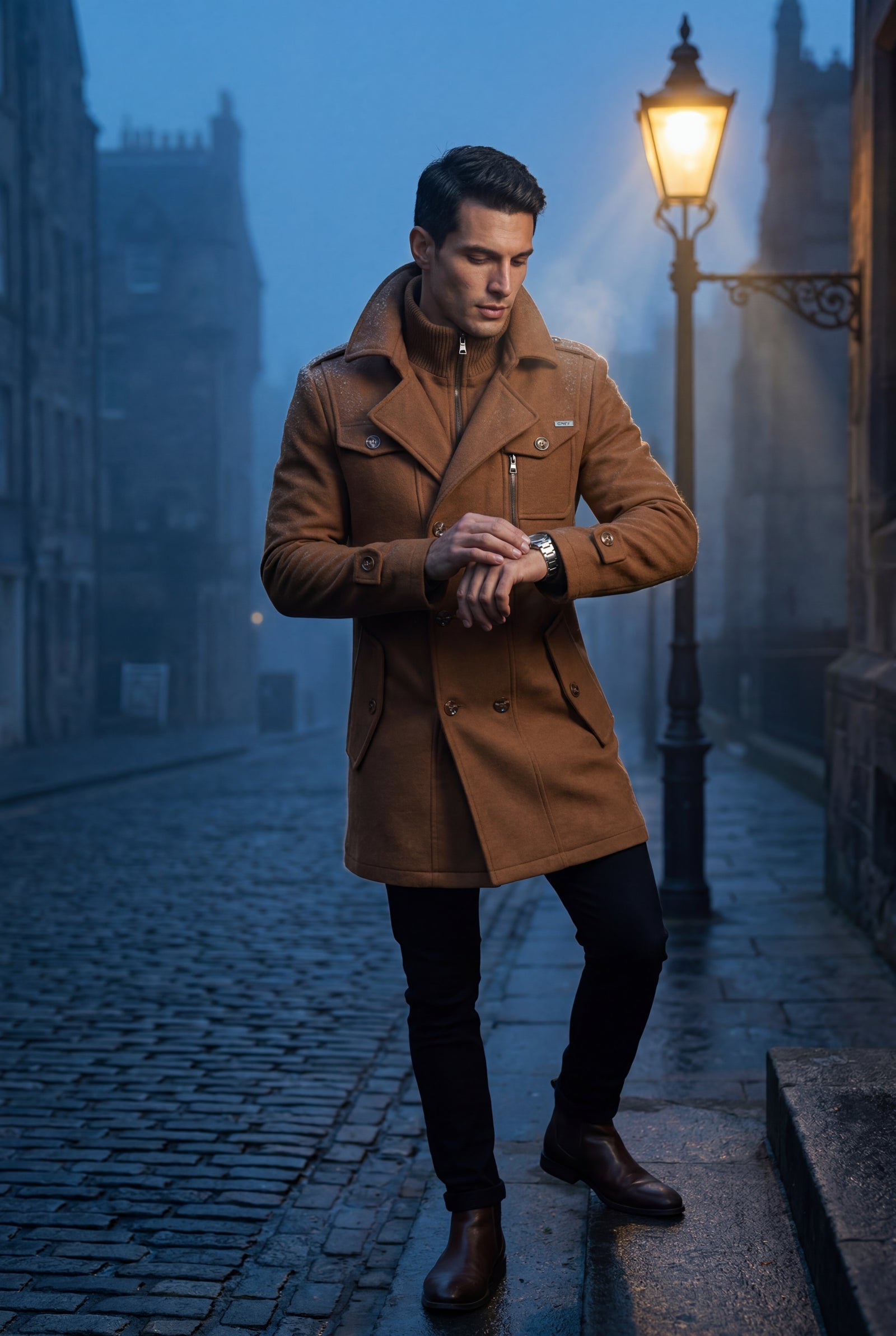 Caramel Stand Collar Slim Fit Winter Coat with Button Tab - Slim fit winter coats - Photo 8