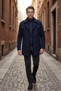 Navy Blue Stand Collar Slim Fit Winter Coat with Button Tab - Slim fit winter coats - Photo 9