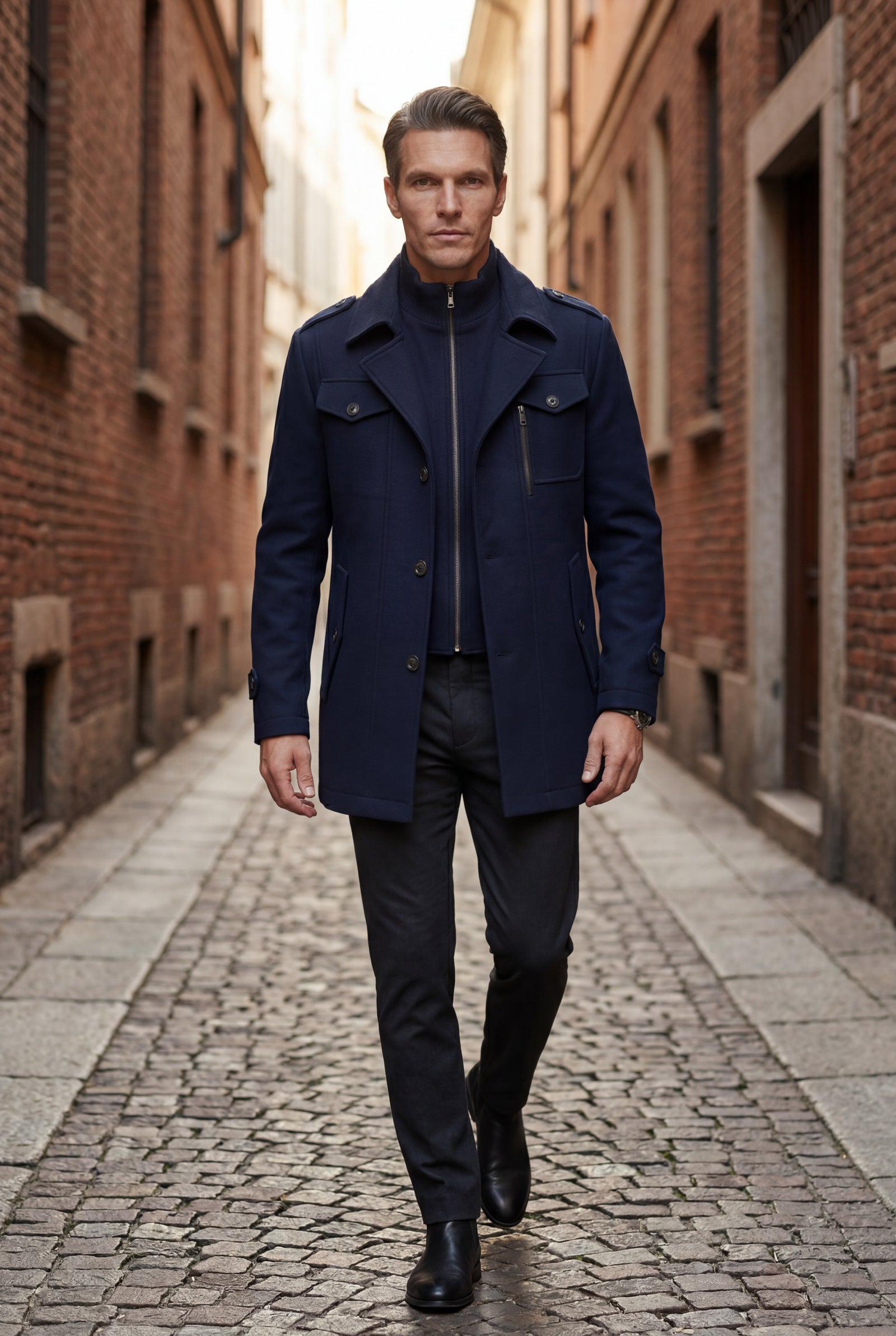 Navy Blue Stand Collar Slim Fit Winter Coat with Button Tab - Slim fit winter coats - Photo 9