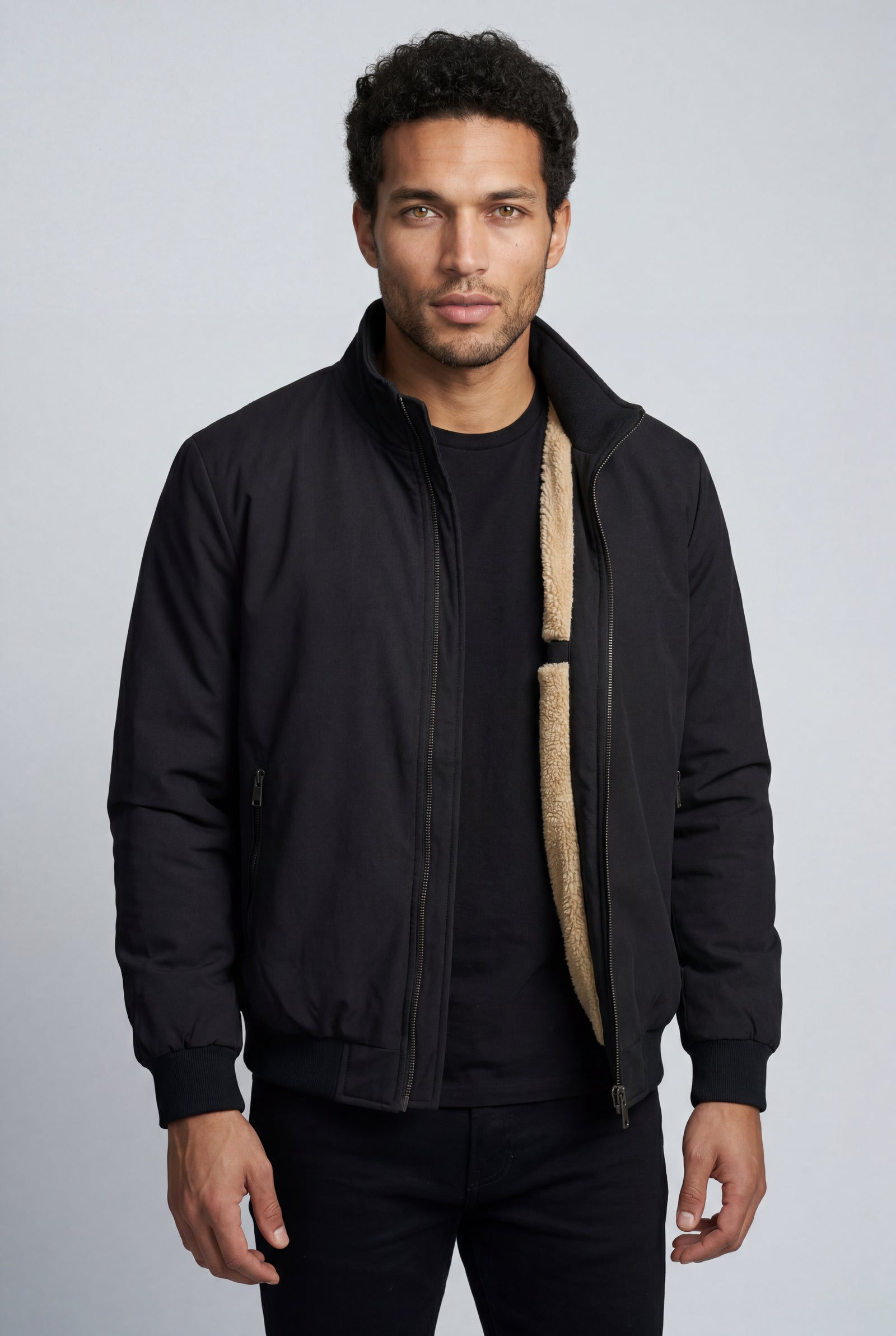 Black Stand Collar Zip-front Classic Bomber Jacket - Photo 7