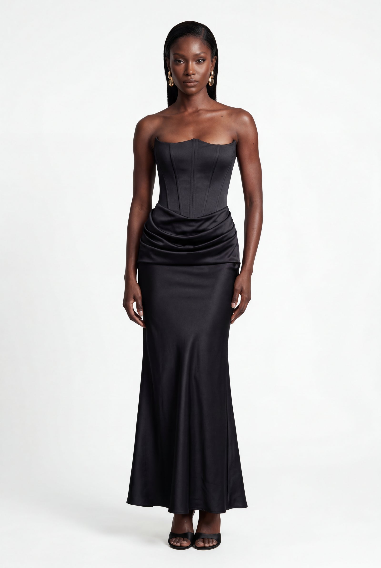 Black Strapless Corset Maxi Dress with Draped Waist Detail - Photo 1
