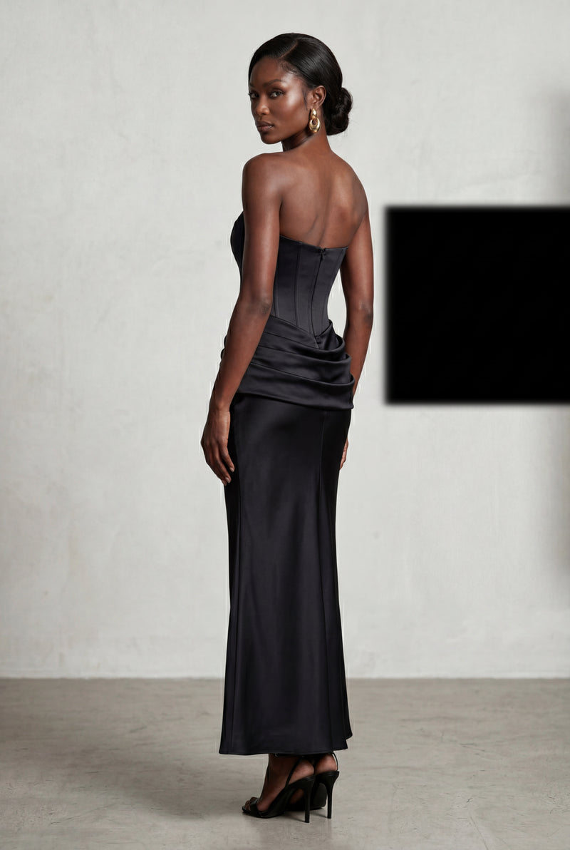 Black Strapless Corset Maxi Dress with Draped Waist Detail - Photo 3