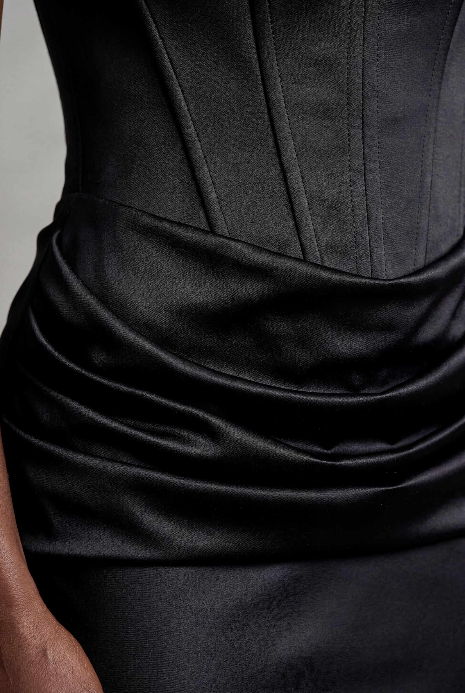 Black Strapless Corset Maxi Dress with Draped Waist Detail - Photo 5