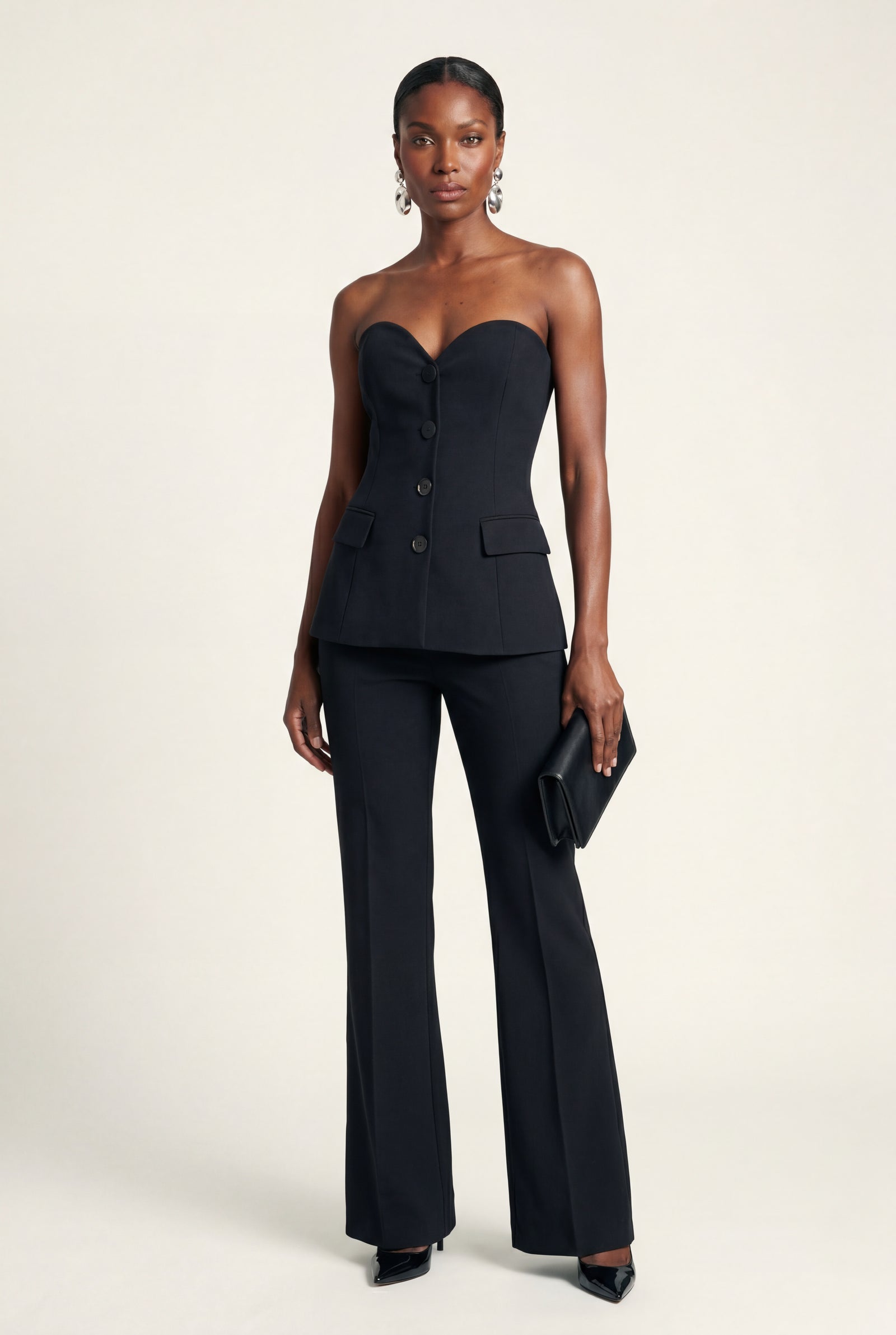 Black Strapless Sweetheart Neckline Tailored Evening Pantsuit - Photo 1