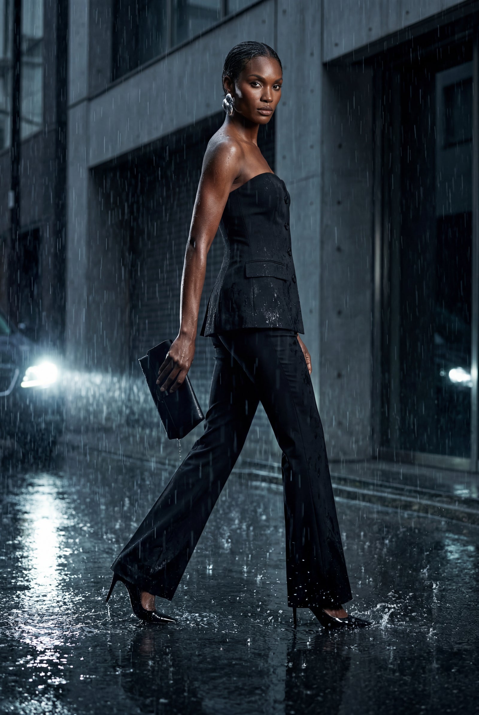 Black Strapless Sweetheart Neckline Tailored Evening Pantsuit - Photo 4