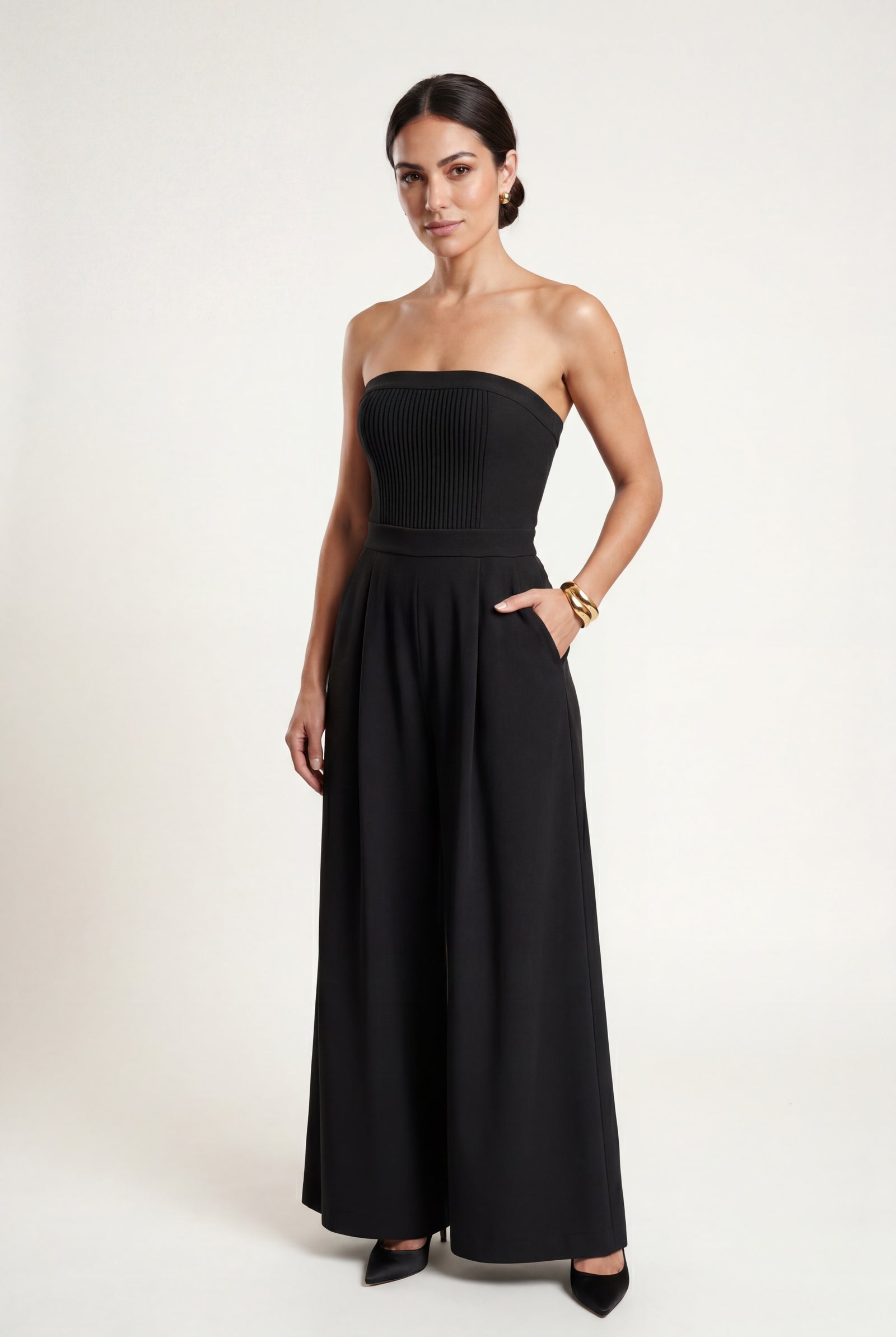 Black Strapless Wide-leg Tailored Jumpsuit with Pleated Waist - Wide leg jumpsuit - Photo 6