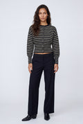 Black Striped Button-front Cropped Cardigan with Cinched Hem - Photo 1