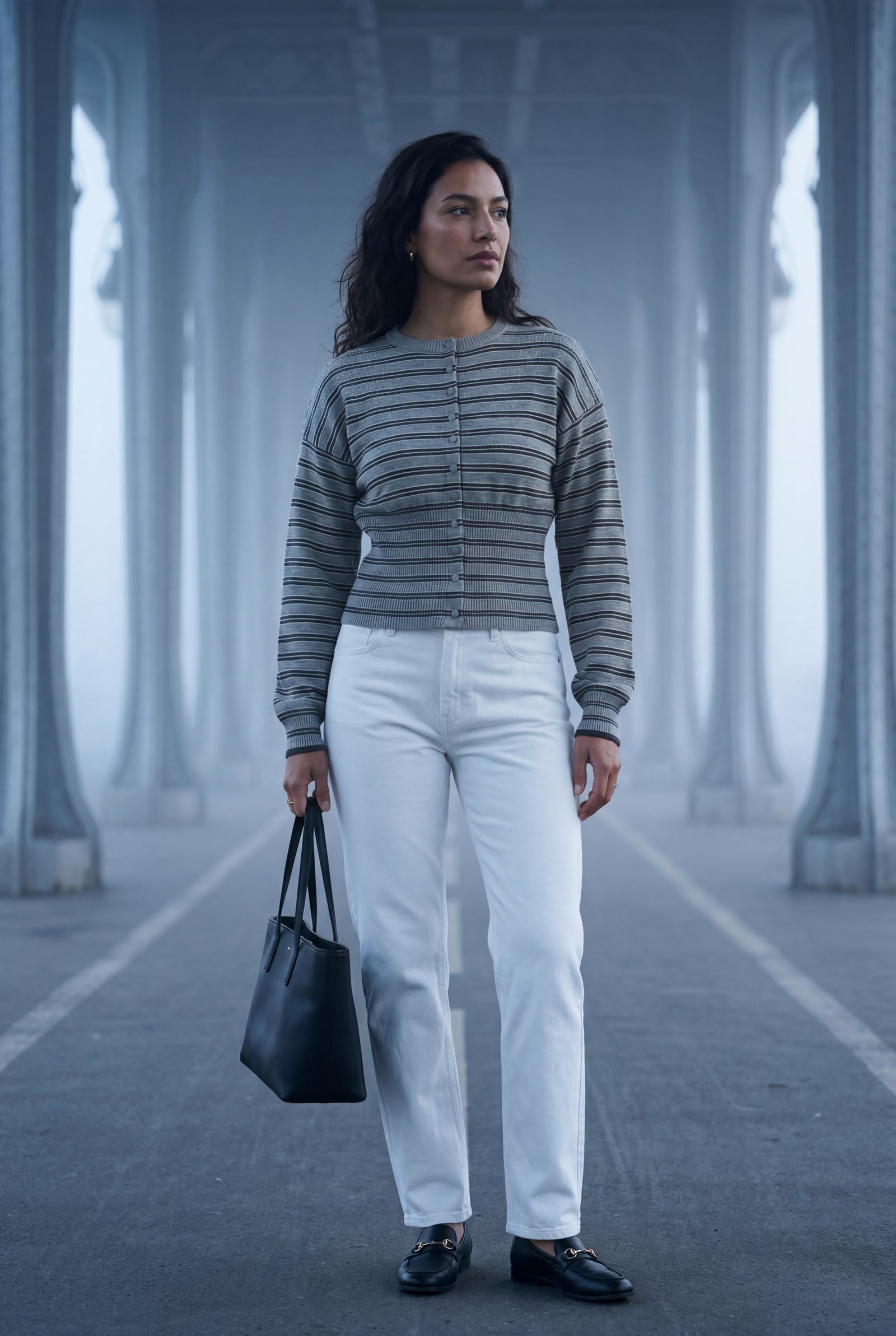 Gray Striped Button-front Cropped Cardigan with Cinched Hem - Photo 6