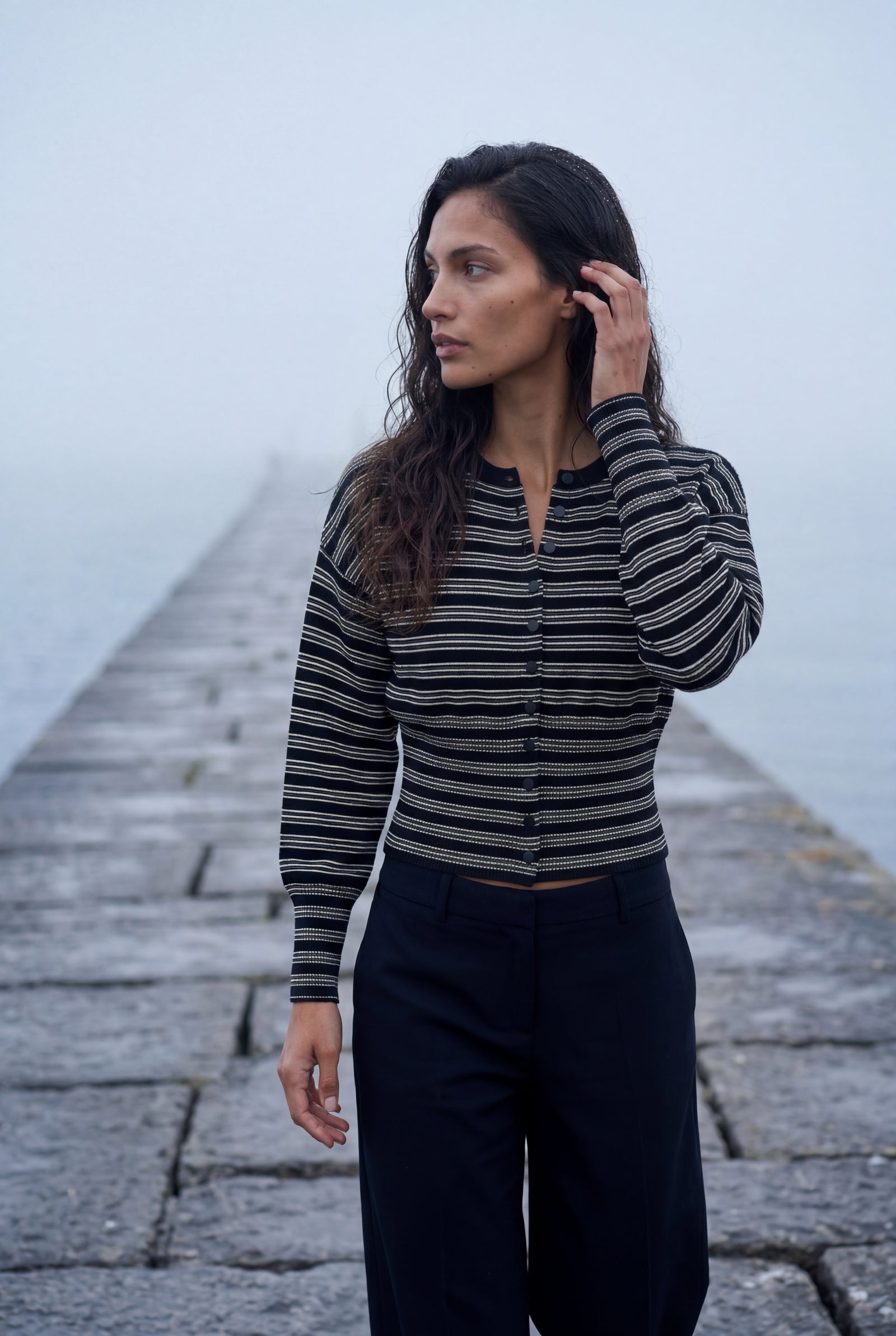 Black Striped Button-front Cropped Cardigan with Cinched Hem - Photo 7