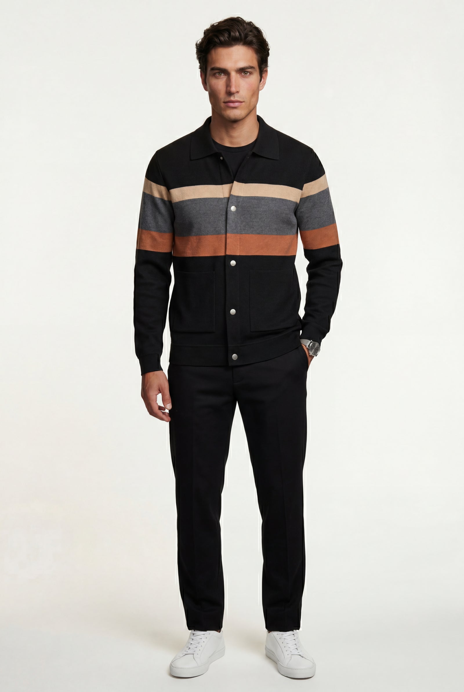 Orange Striped Button-up Cardigan with Double Front Pockets - Photo 10