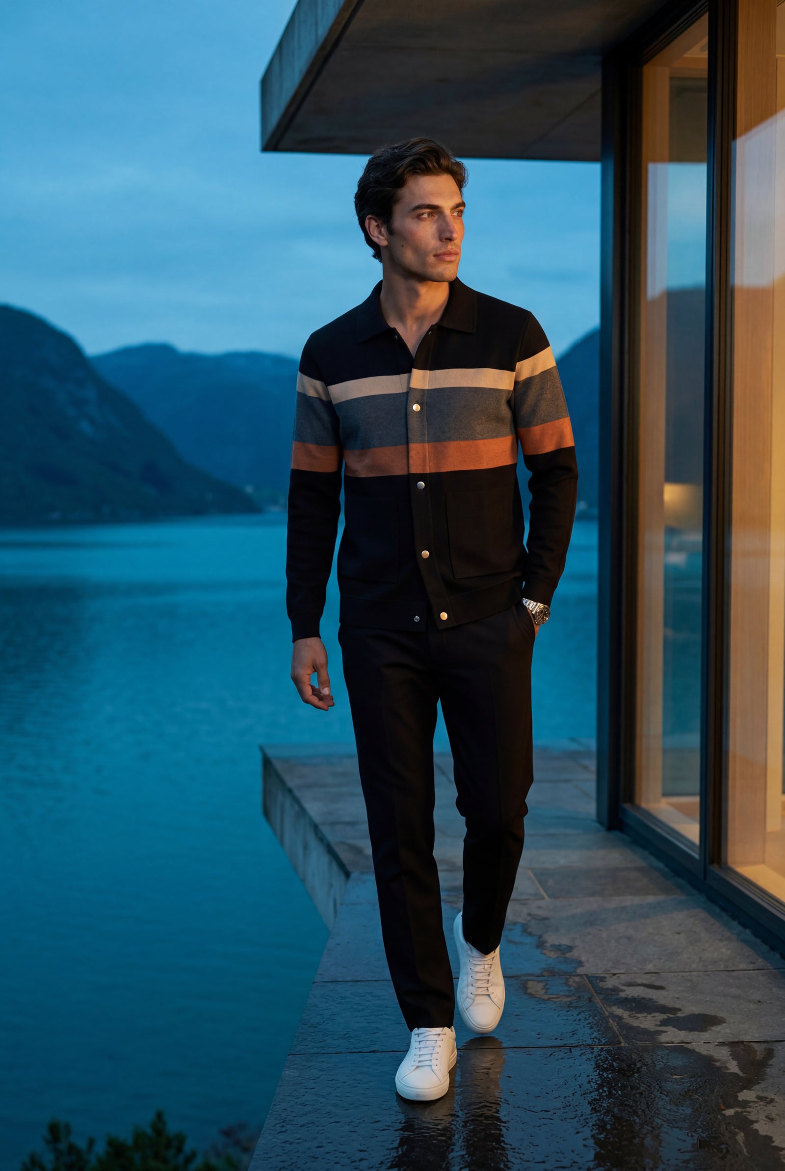 Orange Striped Button-up Cardigan with Double Front Pockets - Photo 11